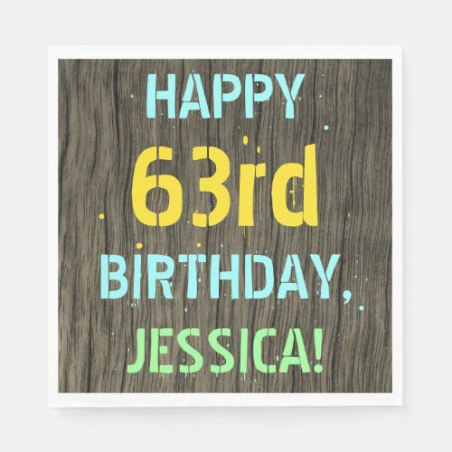 Faux Wood Painted Text Look 63rd Birthday  Name Napkins