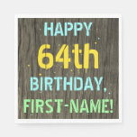 [ Thumbnail: Faux Wood, Painted Text Look, 64th Birthday + Name Napkins ]