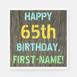 [ Thumbnail: Faux Wood, Painted Text Look, 65th Birthday + Name Napkins ]