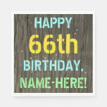 [ Thumbnail: Faux Wood, Painted Text Look, 66th Birthday + Name Napkins ]