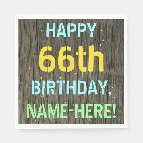 Faux Wood Painted Text Look 66th Birthday  Name Napkins