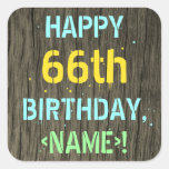 [ Thumbnail: Faux Wood, Painted Text Look, 66th Birthday + Name Sticker ]