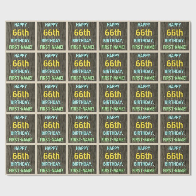 Faux Wood, Painted Text Look, 66th Birthday + Name Wrapping Paper (Flat)