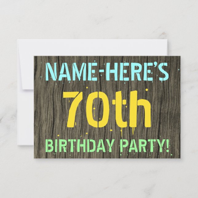 Faux Wood, Painted Text Look, 70th Birthday + Name Invitation (Front)