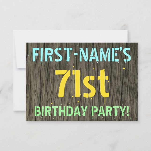 Faux Wood, Painted Text Look, 71st Birthday + Name Invitation (Front)