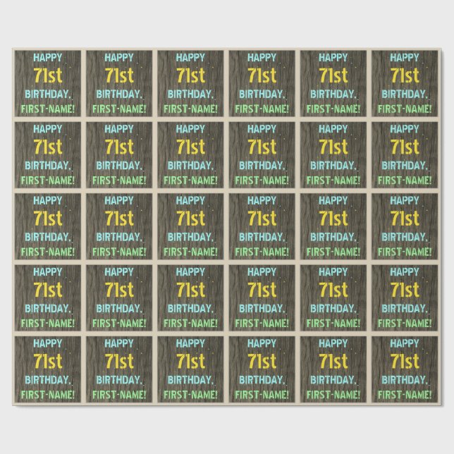 Faux Wood, Painted Text Look, 71st Birthday + Name Wrapping Paper (Flat)