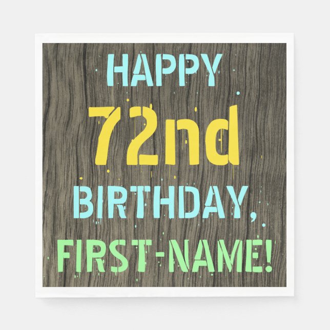 Faux Wood, Painted Text Look, 72nd Birthday + Name Napkins (Front)