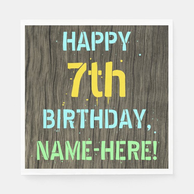 Faux Wood, Painted Text Look, 7th Birthday + Name Napkins (Front)
