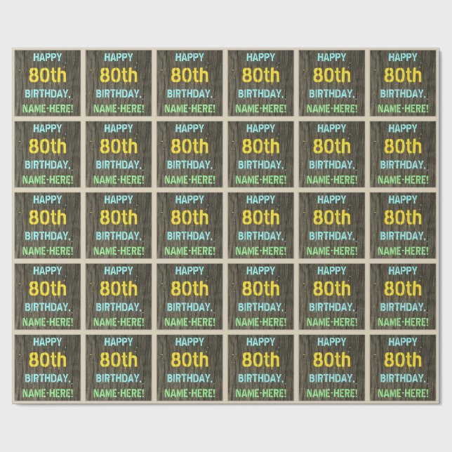 Faux Wood, Painted Text Look, 80th Birthday + Name Wrapping Paper (Flat)