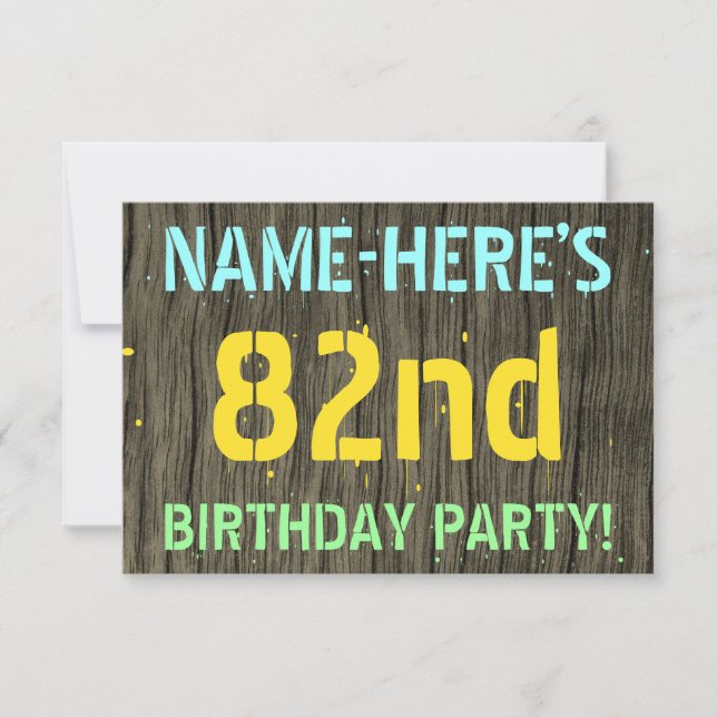 Faux Wood, Painted Text Look, 82nd Birthday + Name Invitation (Front)