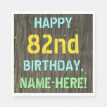 [ Thumbnail: Faux Wood, Painted Text Look, 82nd Birthday + Name Napkins ]