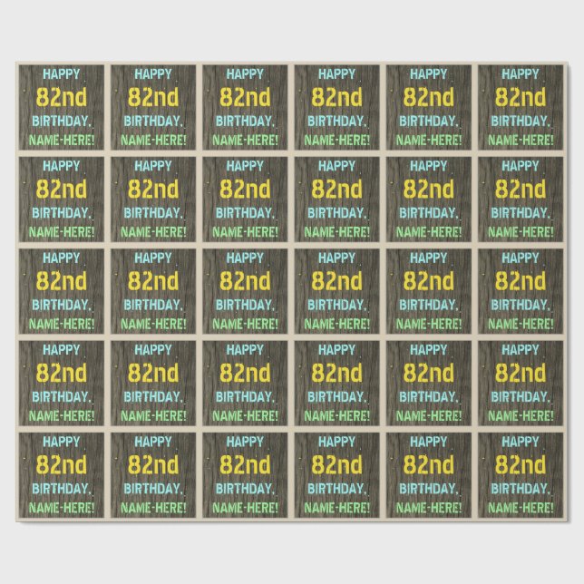 Faux Wood, Painted Text Look, 82nd Birthday + Name Wrapping Paper (Flat)