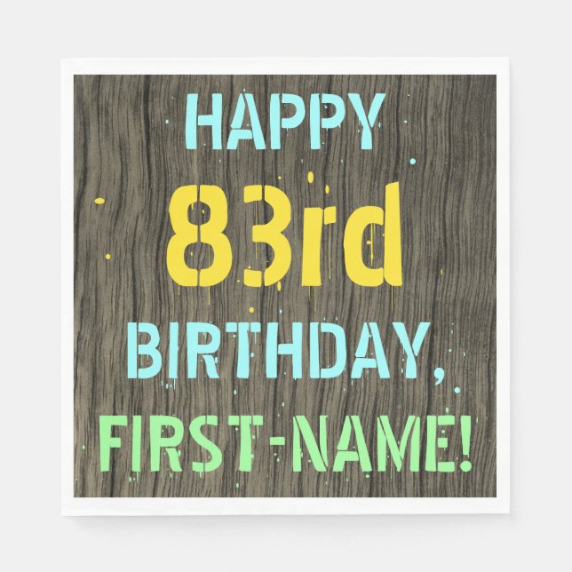 Faux Wood, Painted Text Look, 83rd Birthday + Name Napkins (Front)