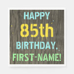 [ Thumbnail: Faux Wood, Painted Text Look, 85th Birthday + Name Napkins ]