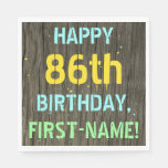 [ Thumbnail: Faux Wood, Painted Text Look, 86th Birthday + Name Napkins ]