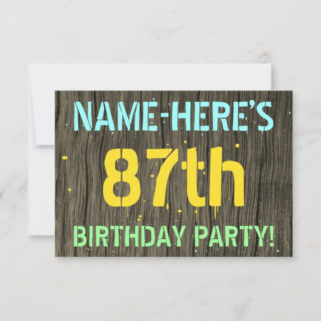 Faux Wood, Painted Text Look, 87th Birthday + Name Invitation (Front)