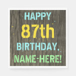 [ Thumbnail: Faux Wood, Painted Text Look, 87th Birthday + Name Napkins ]
