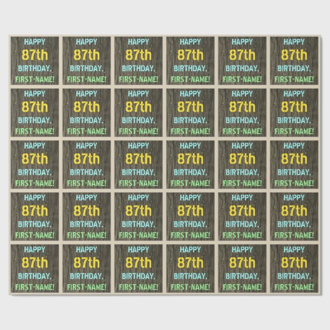Faux Wood, Painted Text Look, 87th Birthday + Name Wrapping Paper (Flat)