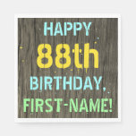 [ Thumbnail: Faux Wood, Painted Text Look, 88th Birthday + Name Napkins ]