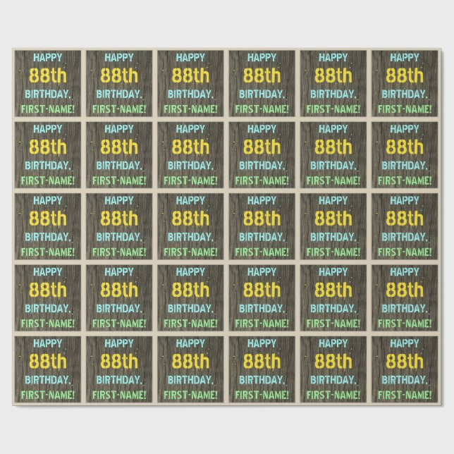 Faux Wood, Painted Text Look, 88th Birthday + Name Wrapping Paper (Flat)