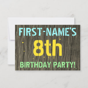 Faux Wood, Painted Text Look, 8th Birthday + Name Invitation