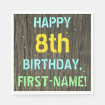 [ Thumbnail: Faux Wood, Painted Text Look, 8th Birthday + Name Napkins ]