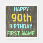 [ Thumbnail: Faux Wood, Painted Text Look, 90th Birthday + Name Napkins ]