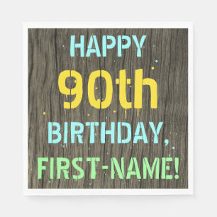 Faux Wood, Painted Text Look, 90th Birthday + Name Napkins