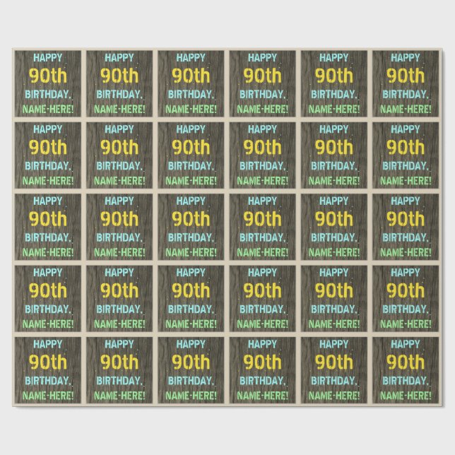 Faux Wood, Painted Text Look, 90th Birthday + Name Wrapping Paper (Flat)
