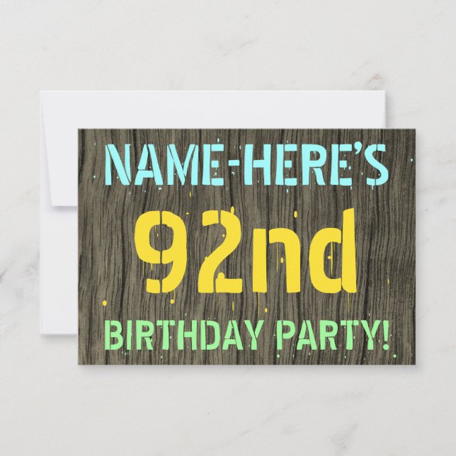 Faux Wood, Painted Text Look, 92nd Birthday + Name Invitation (Front)
