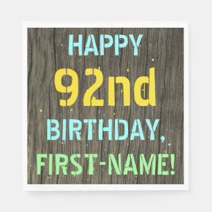 Faux Wood, Painted Text Look, 92nd Birthday + Name Napkins