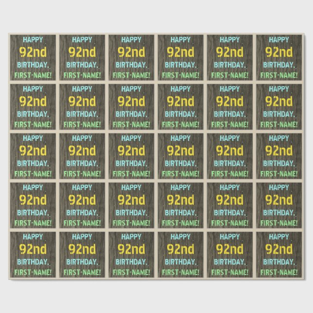 Faux Wood, Painted Text Look, 92nd Birthday + Name Wrapping Paper (Flat)