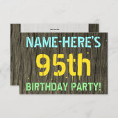 Faux Wood, Painted Text Look, 95th Birthday + Name Invitation (Front/Back)