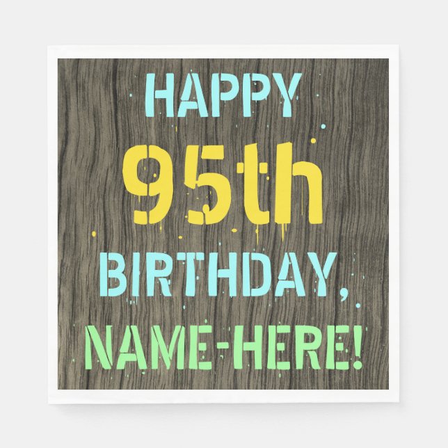 Faux Wood, Painted Text Look, 95th Birthday + Name Napkins (Front)