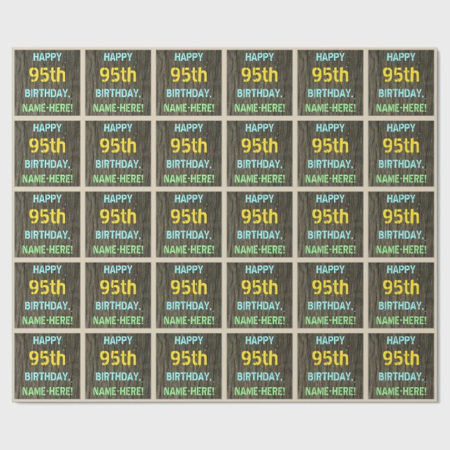 Faux Wood, Painted Text Look, 95th Birthday + Name Wrapping Paper (Flat)