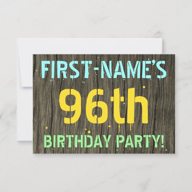 Faux Wood, Painted Text Look, 96th Birthday + Name Invitation (Front)
