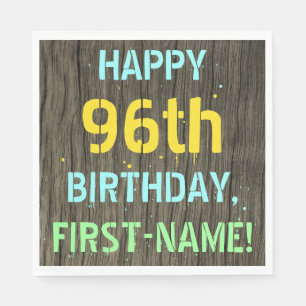Faux Wood, Painted Text Look, 96th Birthday + Name Napkins
