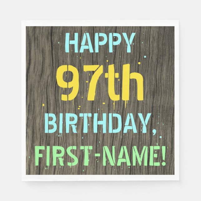 Faux Wood, Painted Text Look, 97th Birthday + Name Napkins (Front)