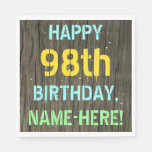 [ Thumbnail: Faux Wood, Painted Text Look, 98th Birthday + Name Napkins ]