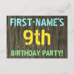 [ Thumbnail: Faux Wood, Painted Text Look, 9th Birthday + Name Invitation ]