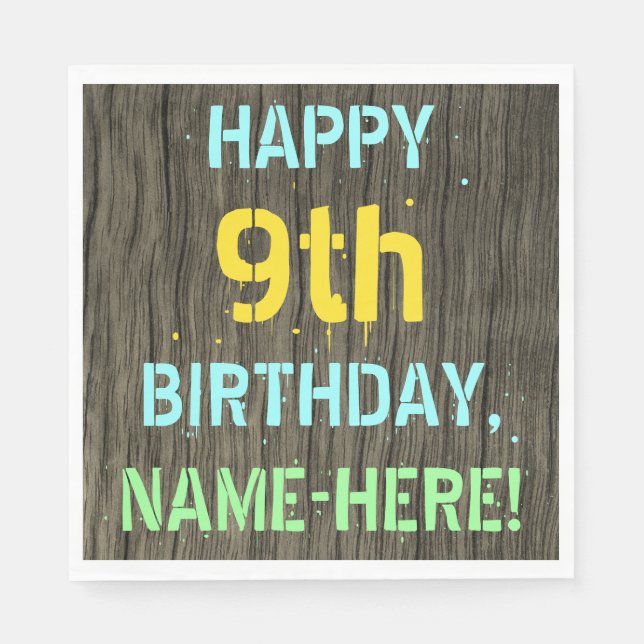 Faux Wood, Painted Text Look, 9th Birthday + Name Napkins (Front)