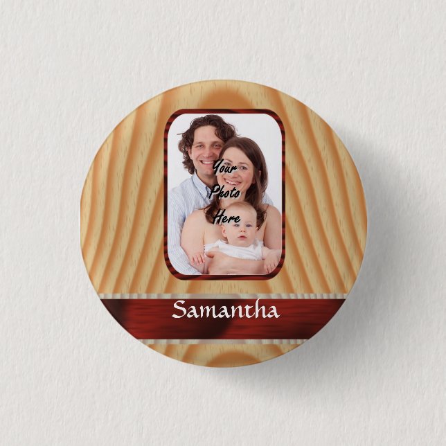 Faux wood photo template pinback button (Front)