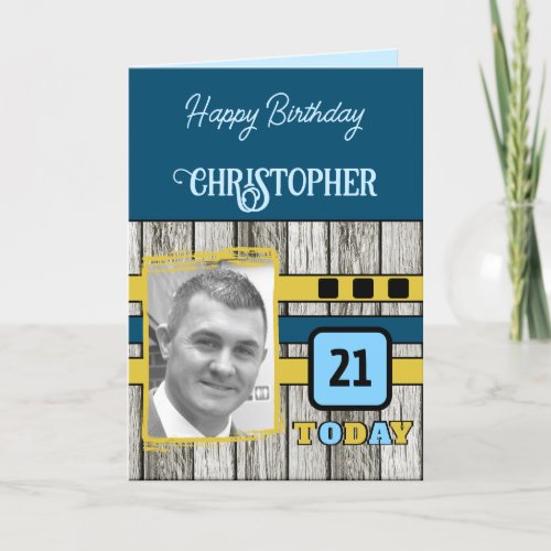 Faux wood rustic 21st blue photo birthday card