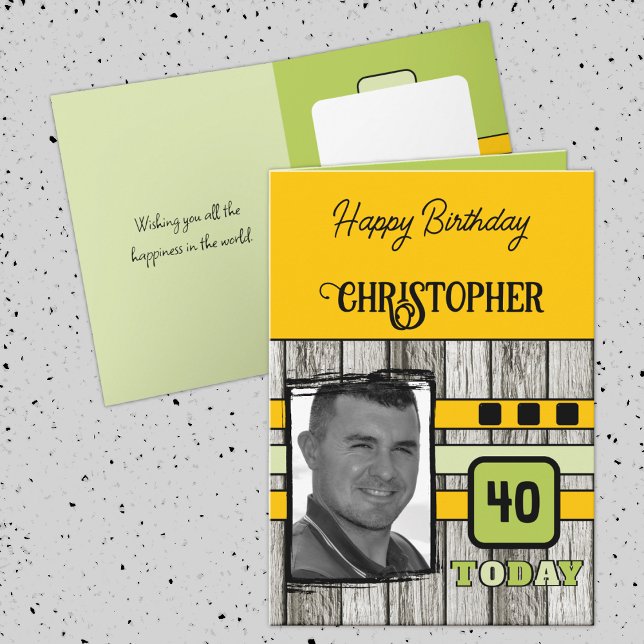 Faux wood rustic 40th yellow photo birthday card (Creator Uploaded)