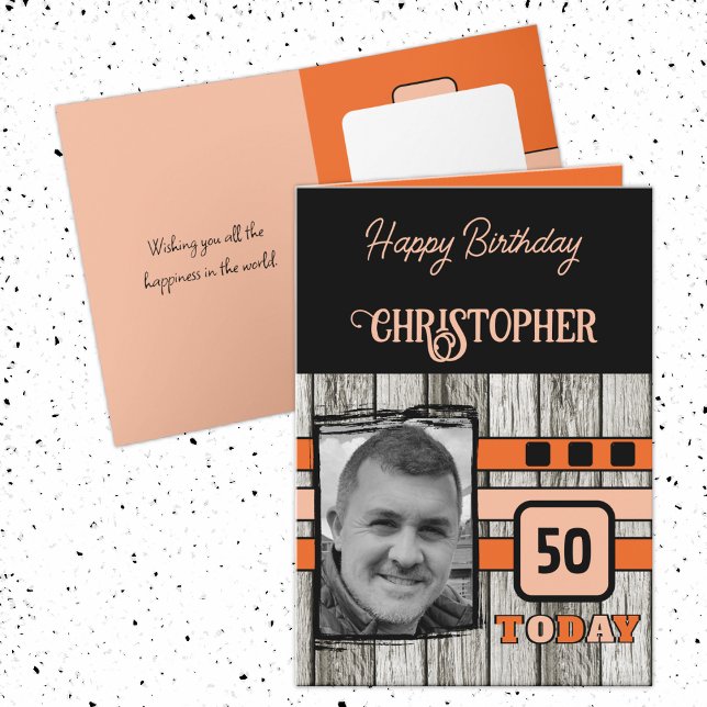 Faux wood rustic 50th orange photo birthday card (Creator Uploaded)