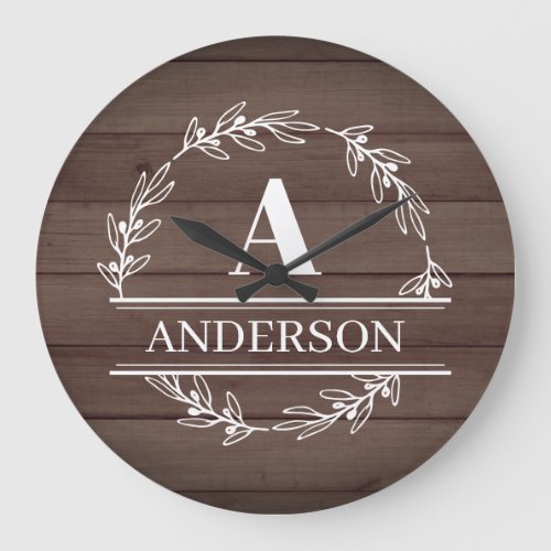 Faux Wood Rustic Wreath Family Name Monogram Large Clock