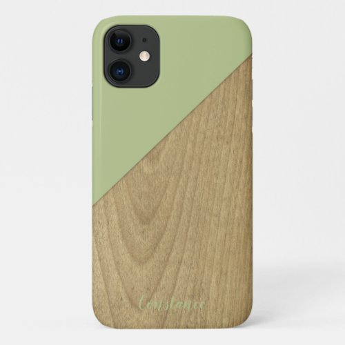 Faux Wood Sage Green  Beige iPhone 11 Case