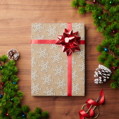 Faux Wood Snowflake On Brown Kraft Look Wrapping Paper