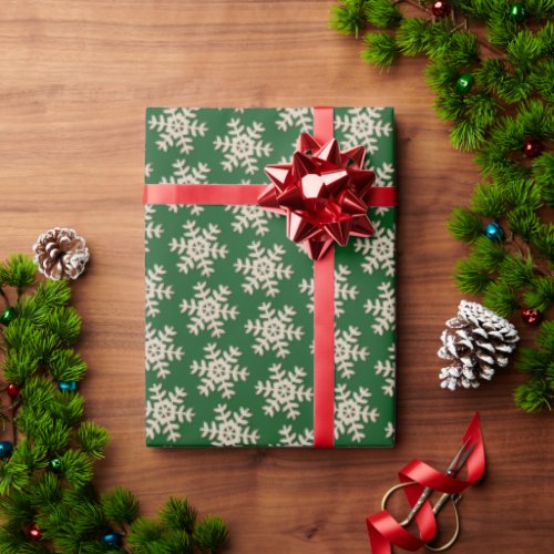 Faux Wood Snowflake Pattern On Solid Green Wrapping Paper