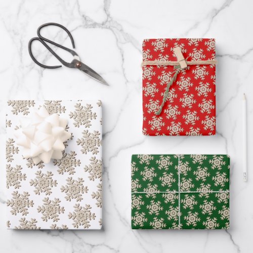 Faux Wood Snowflake Pattern On White Red Green Wrapping Paper Sheets